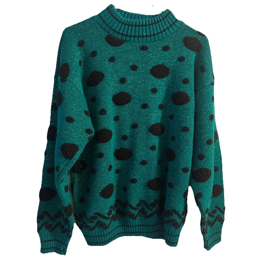Vintage‎ Kate Collins Teal Lurex Sweater M/L Made in USA Black Dot Knit